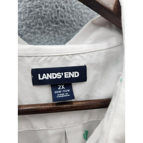 Lands End Womens Button-Down Shirt 2X White With Green Cactus Embroidery Cotton - Picture 2 of 7